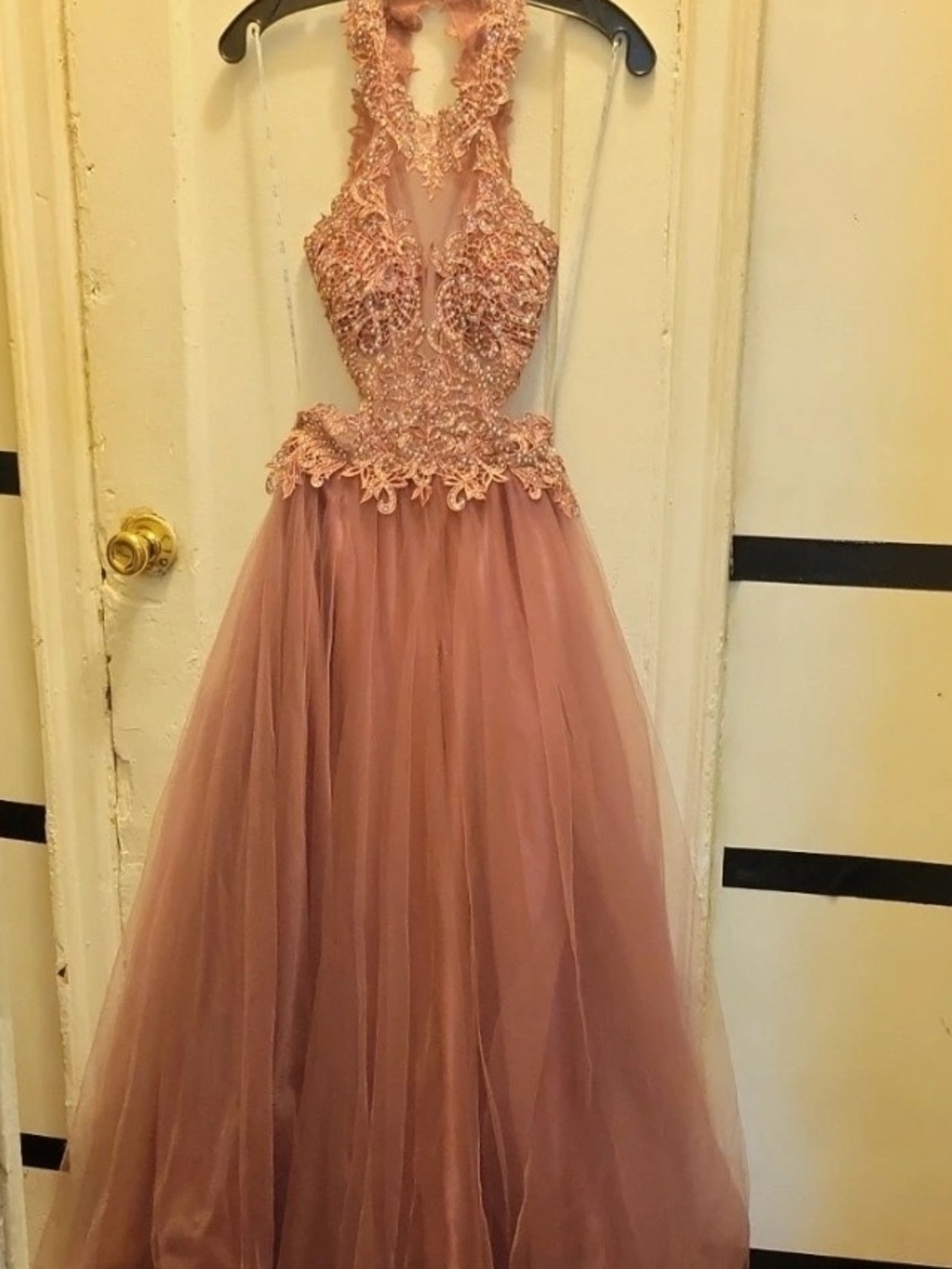 Camille La Vie Lavender Embroidered Halter Tulle Gown